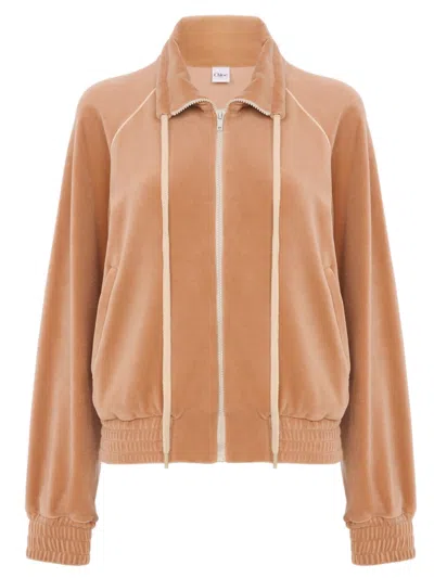 Chloé Velvet Zip-front Drawstring Waist Jacket In Sand