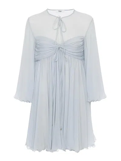 Chloé Pleated Mini Dress In Silk Mousseline In Multi
