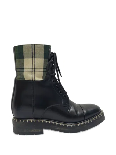 Pre-owned Chloé Vintage Barbour Check-print Combat Boots In Black