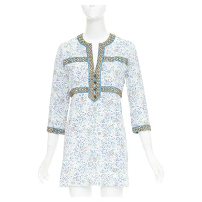 Pre-owned Chloé Chloe Vintage Blue Cream Gold Studded Floral Harness Detail Open Neck Mini Dress In White