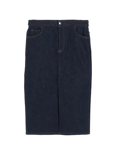 Pre-owned Chloé Vintage Braided-trim Denim Midi Skirt In Blue