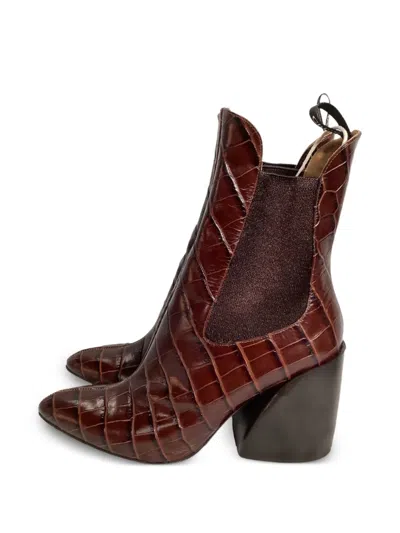 Pre-owned Chloé Vintage Embossed-leather Block-heel Ankle Boots In Brown