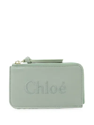 Pre-owned Chloé Vintage Embroidered-logo Leather Cardcase In Green