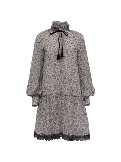 Pre-owned Chloé Vintage Floral-print Tie-neck Mini Dress In Neutral