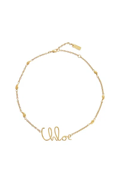 Chloé Vintage Gold Necklace With Cursive Name Pendant And Delicate Chain In Metallic