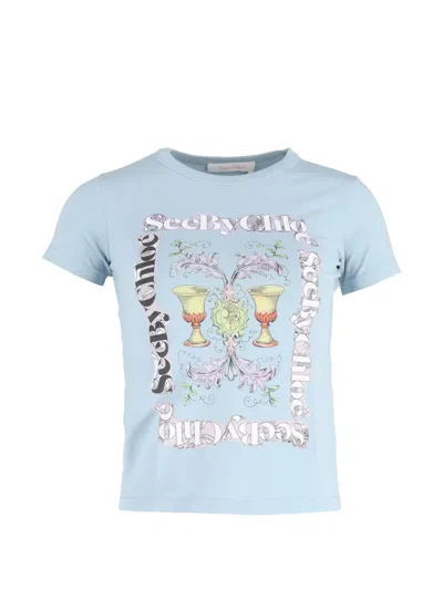 Pre-owned Chloé Vintage Graphic-print Round-neck T-shirt In Blue