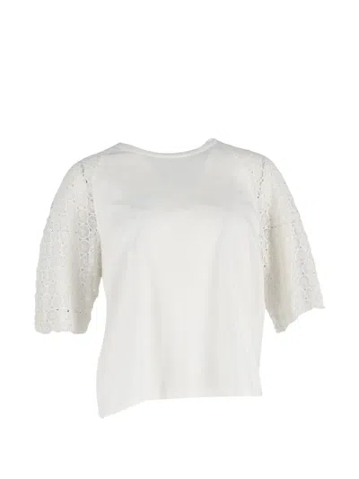 Pre-owned Chloé Vintage Lace-sleeve Crew-neck T-shirt In White