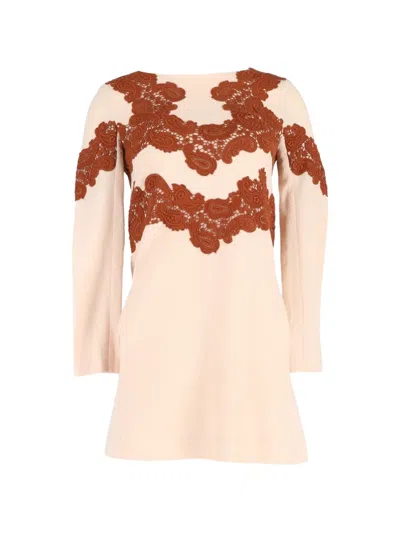 Pre-owned Chloé Vintage Lace-trim Wool Mini Dress In Neutral
