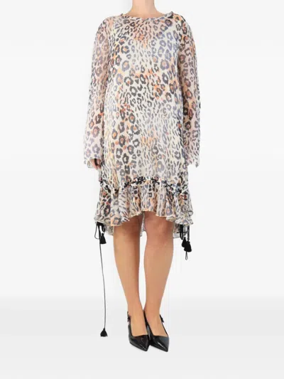 Pre-owned Chloé Vintage Leopard-print Long-sleeve Mini Dress In Neutral
