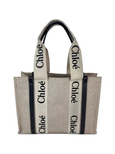 Pre-owned Chloé Vintage Medium Woody Ribbon-trim Canvas Tote Bag In Neutral