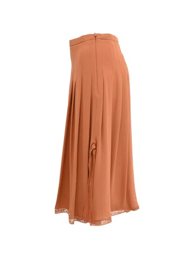Pre-owned Chloé Vintage Pleated Lace-trim Midi Skirt In Orange