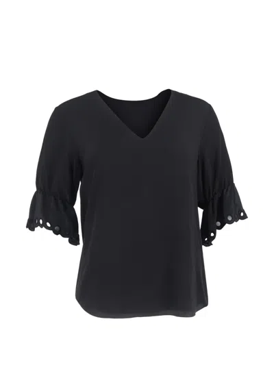 Pre-owned Chloé Vintage Scalloped-sleeve V-neck Blouse In Black