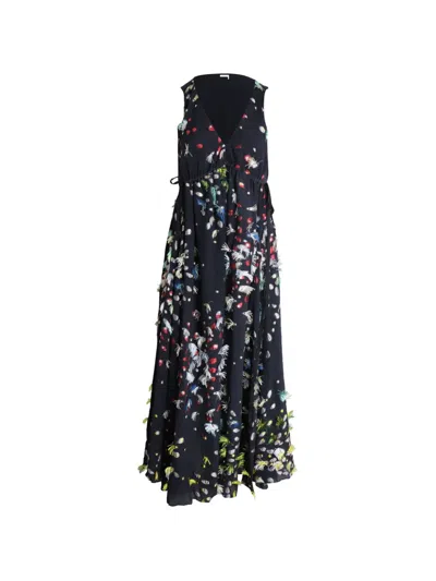 Pre-owned Chloé Vintage V-neck Embroidered Sleeveless Maxi Dress In Blue