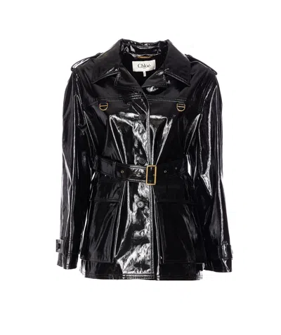 Chloé Belted Jacket In Shiny Coated Cotton In Black
