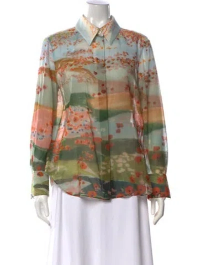 Pre-owned Chloé Virgin Wool Floral Print Blouse In Green