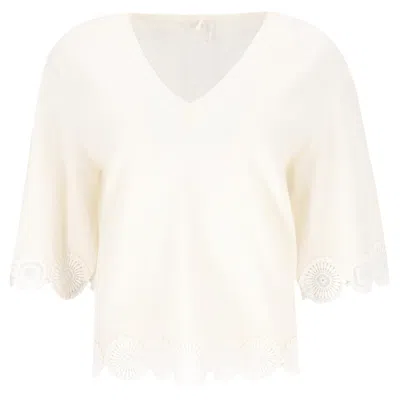 Pre-owned Chloé Chloe Virgin Wool Lace-embellished Top/jumper In White