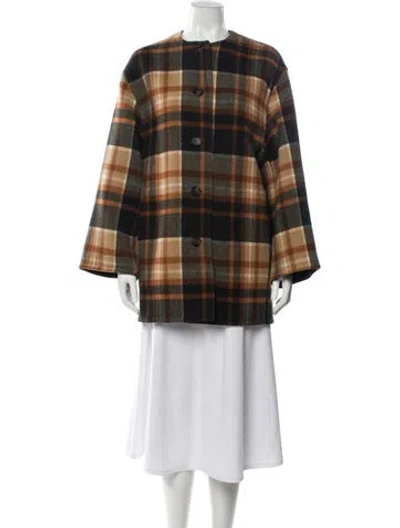 Pre-owned Chloé Virgin Wool Plaid Print Coat In Brown