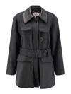 Chloé Wool Belted Jacket With Leather Collar Clothing In Blue