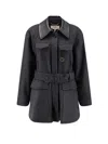 Chloé Wool Belted Jacket With Leather Collar Clothing In Blue