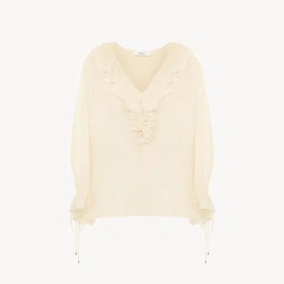 Chloé Top Col V À Volants En Crêpe De Chine In White