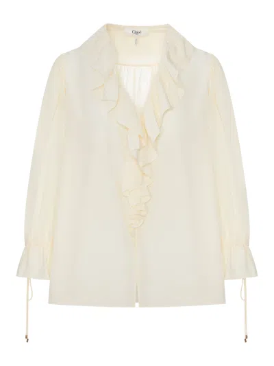 Chloé V-neck Ruffle Top In Crêpe De Chine In White