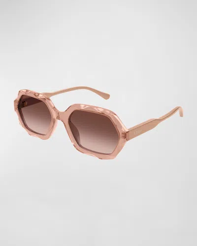 Chloé Wavy Acetate Rectangle Sunglasses In Shiny Transparent Light Brown