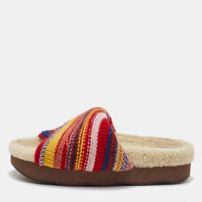 Pre-owned Chloé Wavy Size 39 Multicolor Wool Shearling Platform Slide Sandals