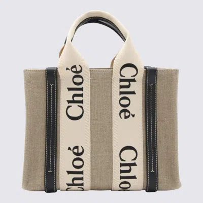 Chloé White And Blue Raffia And Leather Woody Tote Bag