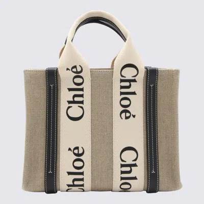 Chloé White And Blue Raffia And Leather Woody Tote Bag