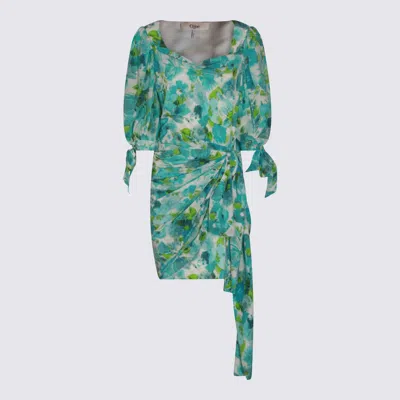 Chloé White And Blue Silk Dress In Green