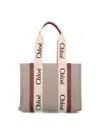 Chloé White And Brown Medium Woody Shopping Bag With Shoulder Strap In Marrone