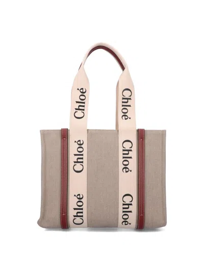 Chloé White And Brown Medium Woody Shopping Bag With Shoulder Strap In Marrone