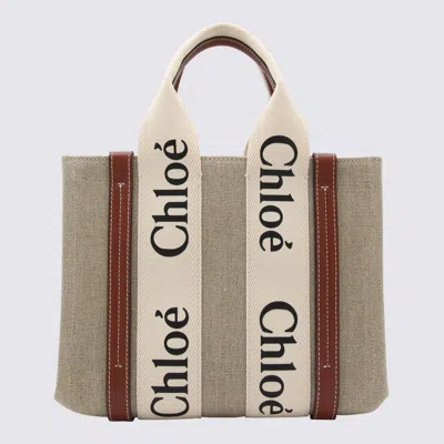 Chloé White And Brown Raffia And Leather Woody Tote Bag