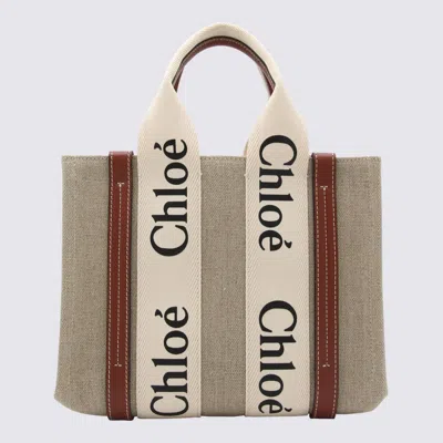 Chloé White And Brown Raffia And Leather Woody Tote Bag