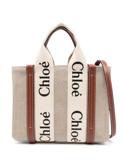 Chloé White And Brown Woody Small Tote Bag In White - Brown