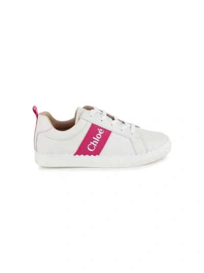 Chloé Kids' White And Fuchsia Lauren Low Sneakers