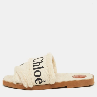 Pre-owned Chloé White Canvas And Fur Shearling Woody Slide Flats Size 39