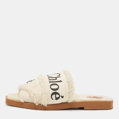 Pre-owned Chloé White Canvas And Shearling Woody Flat Sandals Size 37