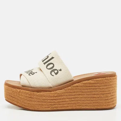 Pre-owned Chloé White Canvas Woody Wedge Slide Sandals Size 39