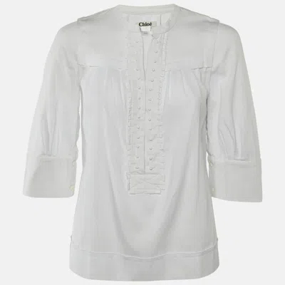 Pre-owned Chloé White Cotton Bead Button Detail Blouse S