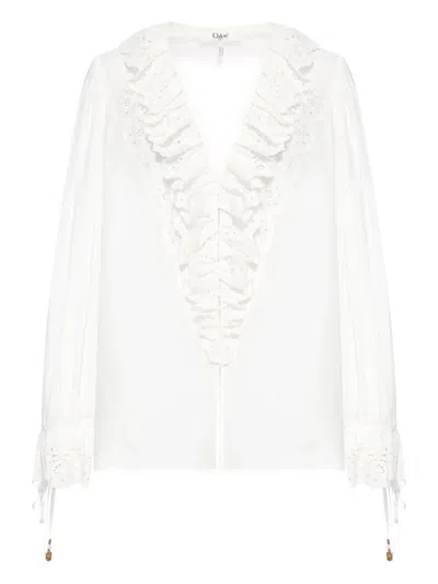 Chloé White Cotton Blouse With Ruffled Front