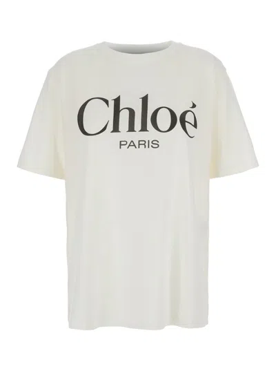 CHLOÉ CHLOÉ WOMEN WHITE CREWNECK T-SHIRT WITH LOGO PRINT ON THE FRONT IN COTTON WOMAN
