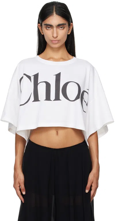 Chloé White Cropped Crewneck T-shirt With Maxi Logo Print On The Front In Cotton Woman In Multicolor