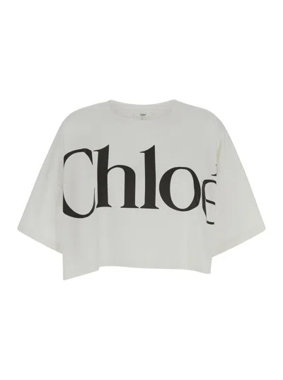 Chloé White Cropped T-shirt With Logo Lettering Print In Cotton Woman In Gray