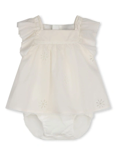 Chloé Babies' White Dress With Embroidered Stars And Ladder Stitch Work