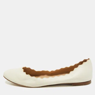 Pre-owned Chloé White Leather Lauren Scalloped Ballet Flats Size 38