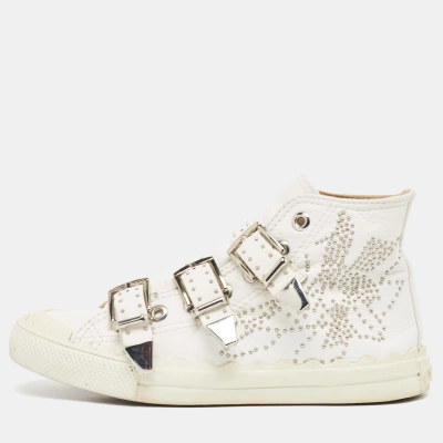 Pre-owned Chloé White Leather Studded Buckle High Top Sneakers Size 37
