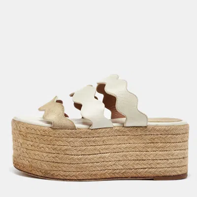 Pre-owned Chloé White Leather Suede Espadrille Platform Sandals Size 35