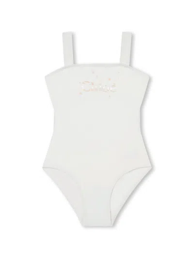 Chloé Kids' Metallic Logo-print Swimsuit In White