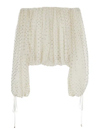 CHLOÉ CHLOÉ WOMEN WHITE OFF SHOULDER TOP WITH WITH RUFFLES AND POLKA DOT JACQUARD IN SILK WOMAN